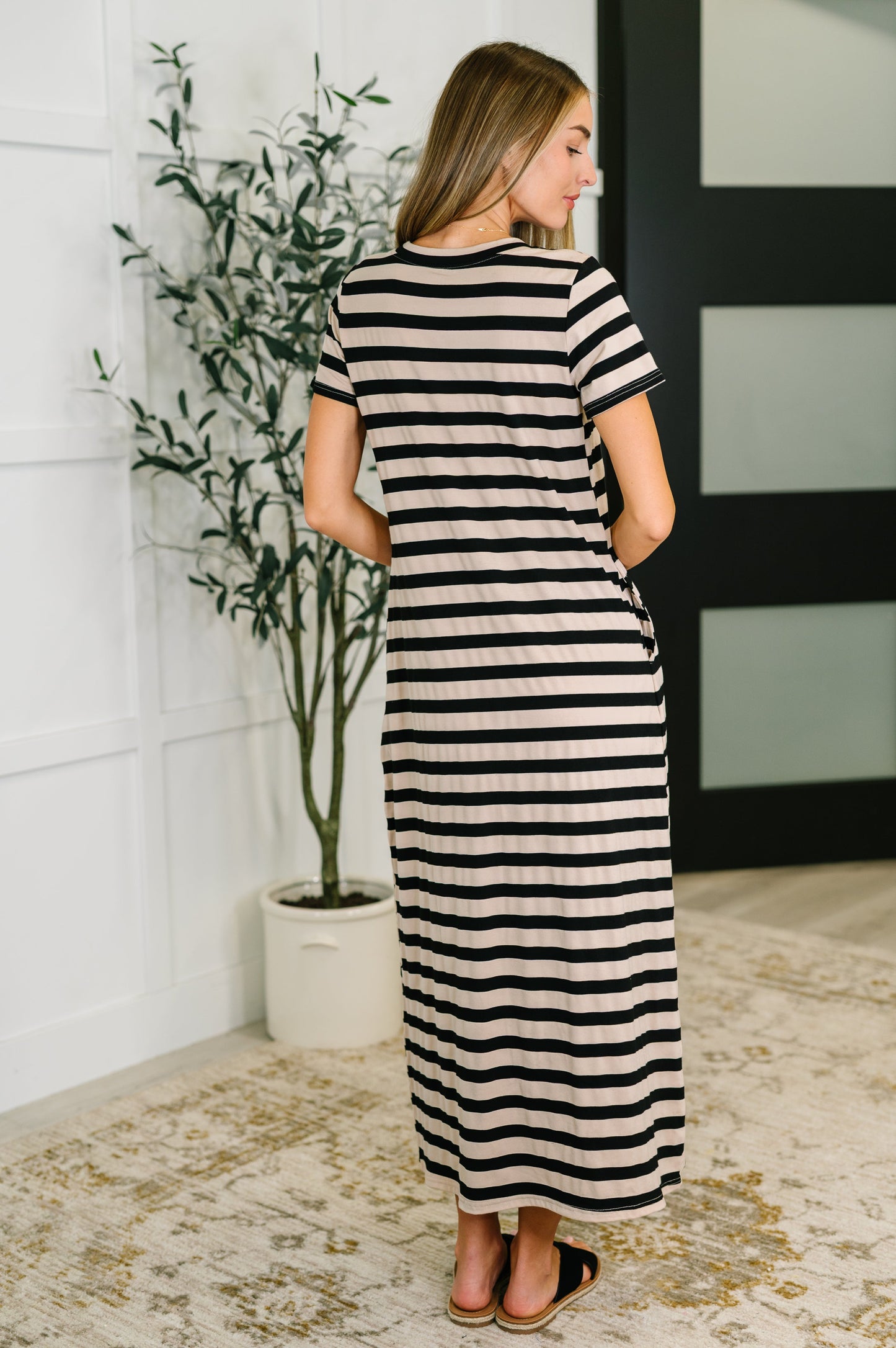 Cap Sleeve Maxi Dress in Black and Tan Stripe