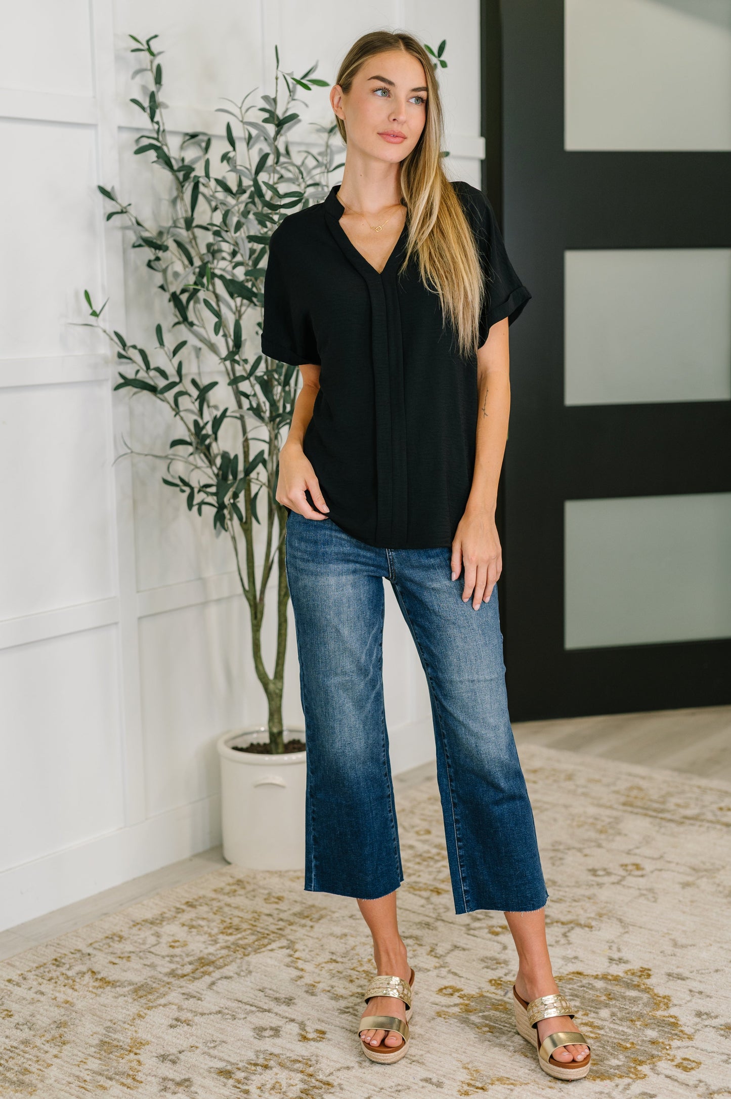 Crinkle Wove V-Neck Blouse in Four Colors