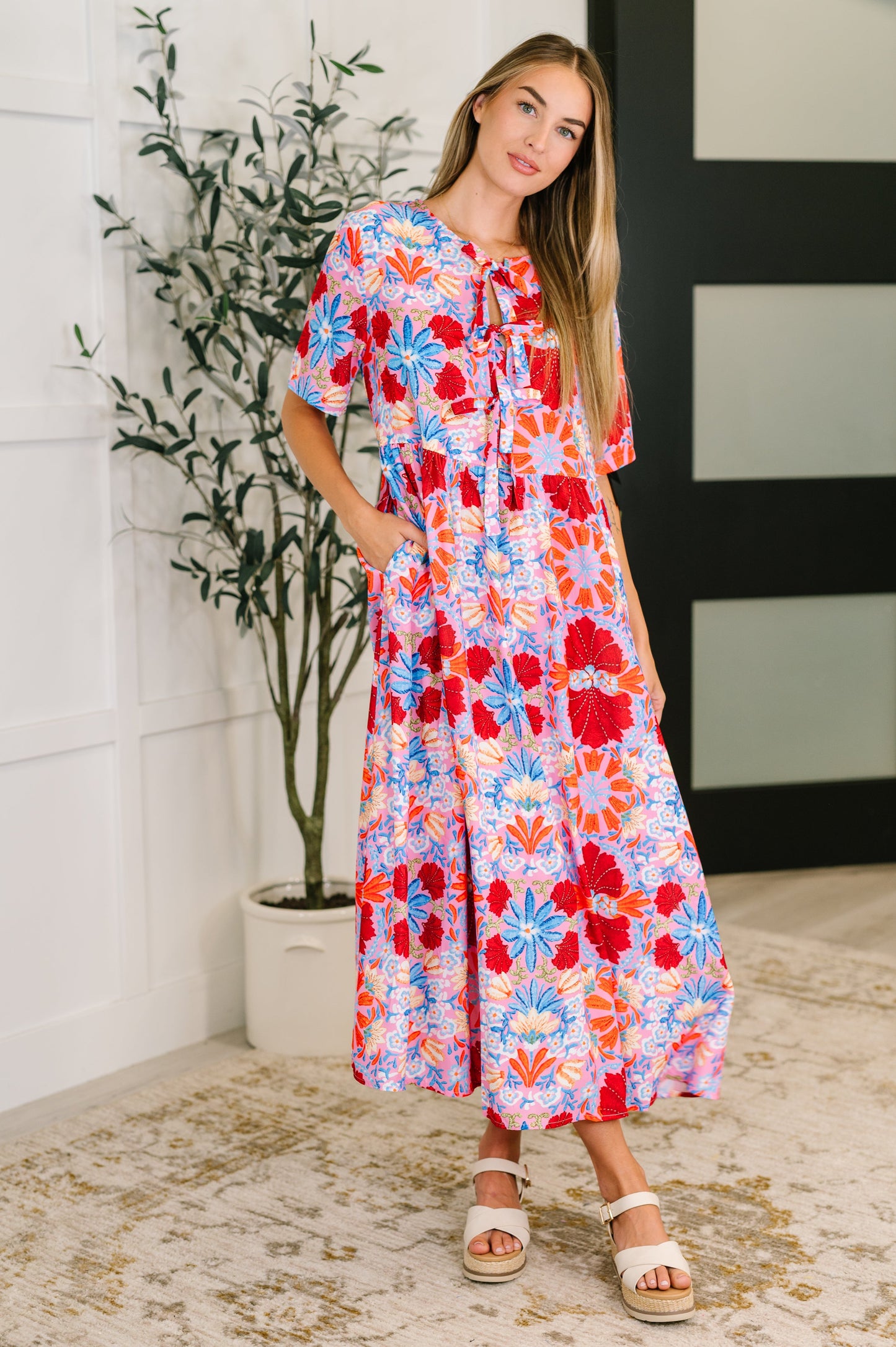 Half Sleeve Poplin Woven Dress in Pink and Blue Floral