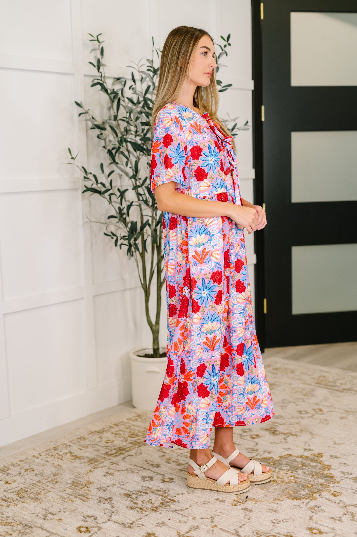Half Sleeve Poplin Woven Dress in Pink and Blue Floral