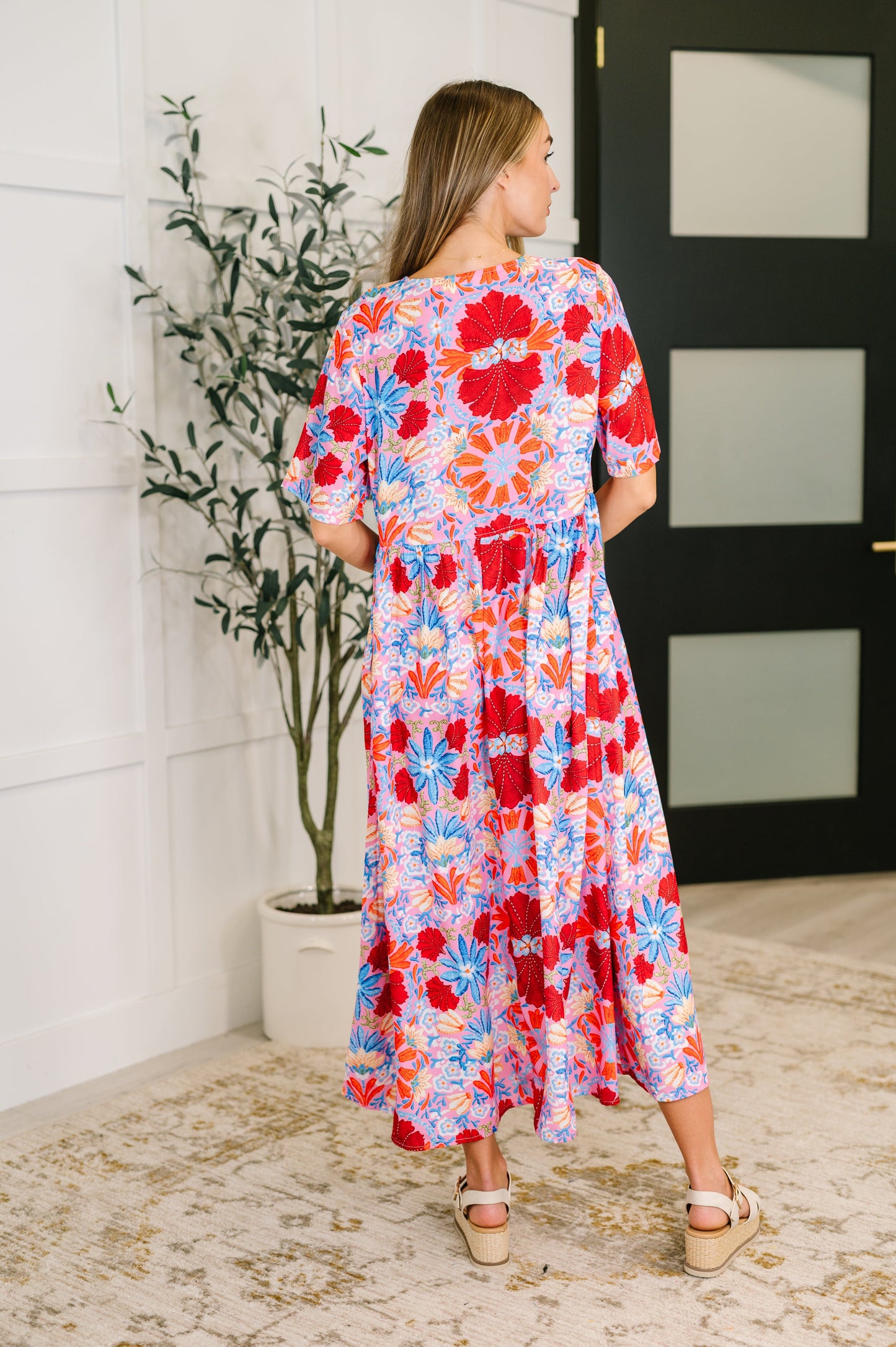 Half Sleeve Poplin Woven Dress in Pink and Blue Floral