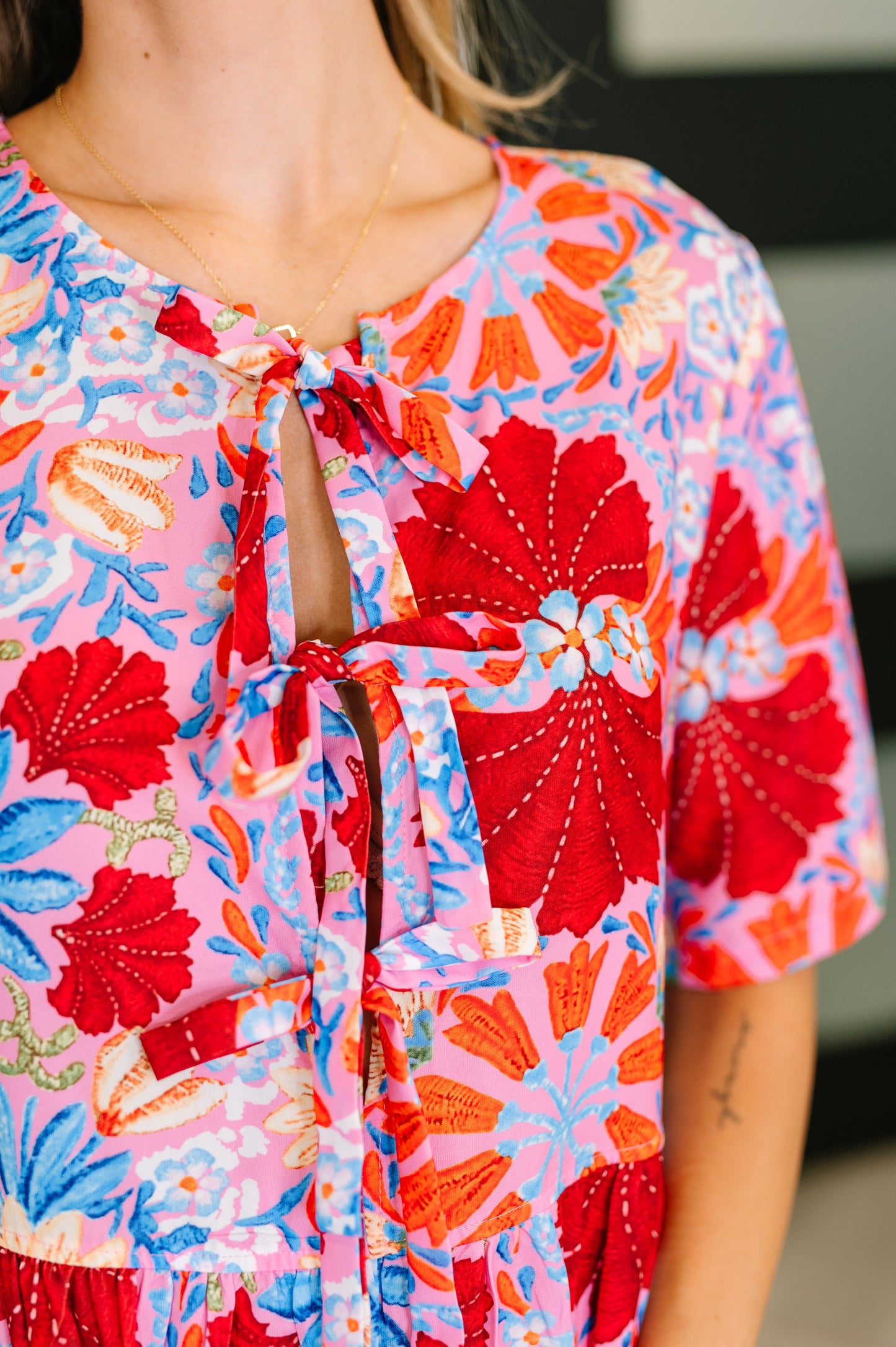 Half Sleeve Poplin Woven Dress in Pink and Blue Floral