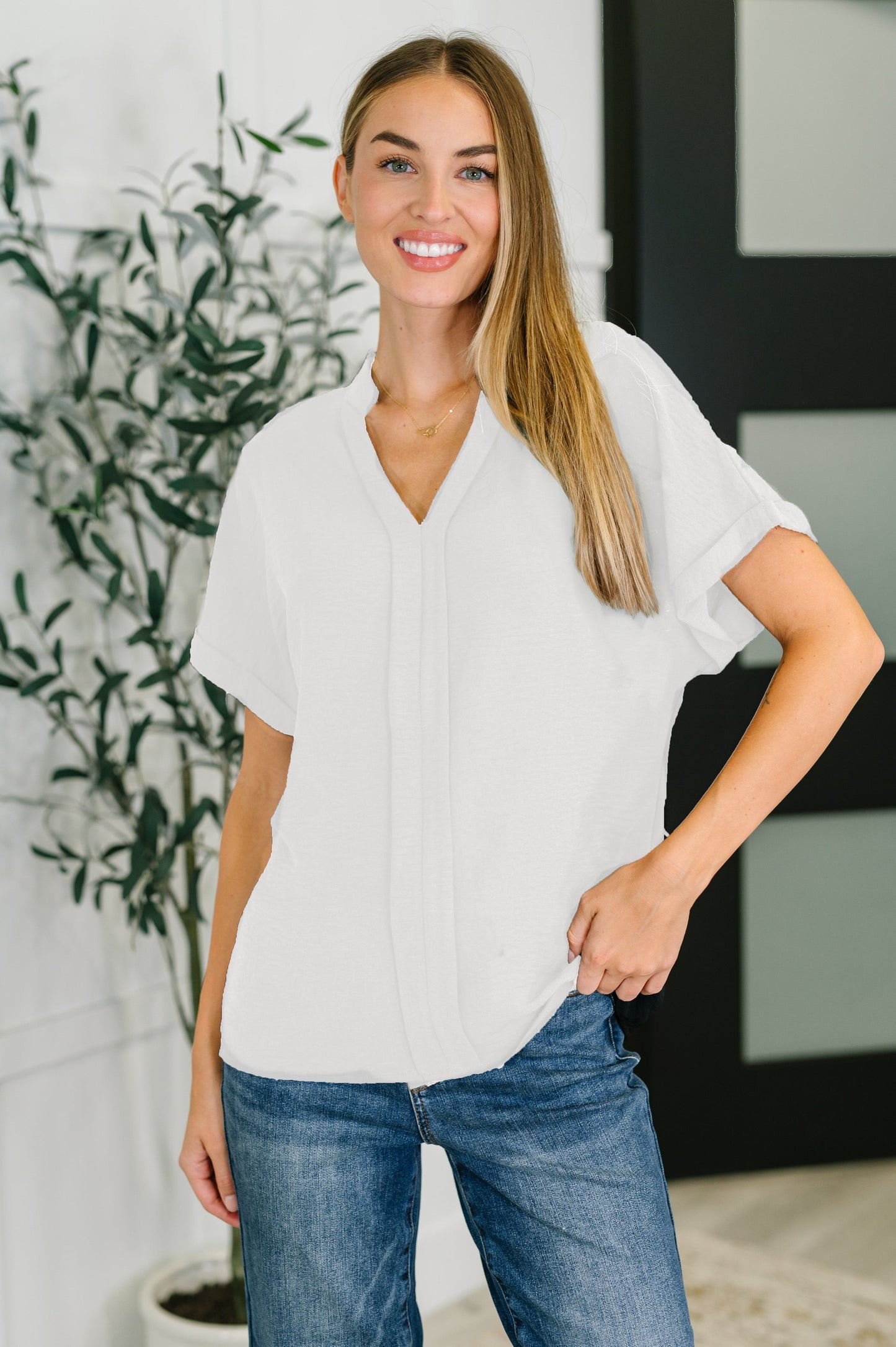Crinkle Wove V-Neck Blouse in Four Colors