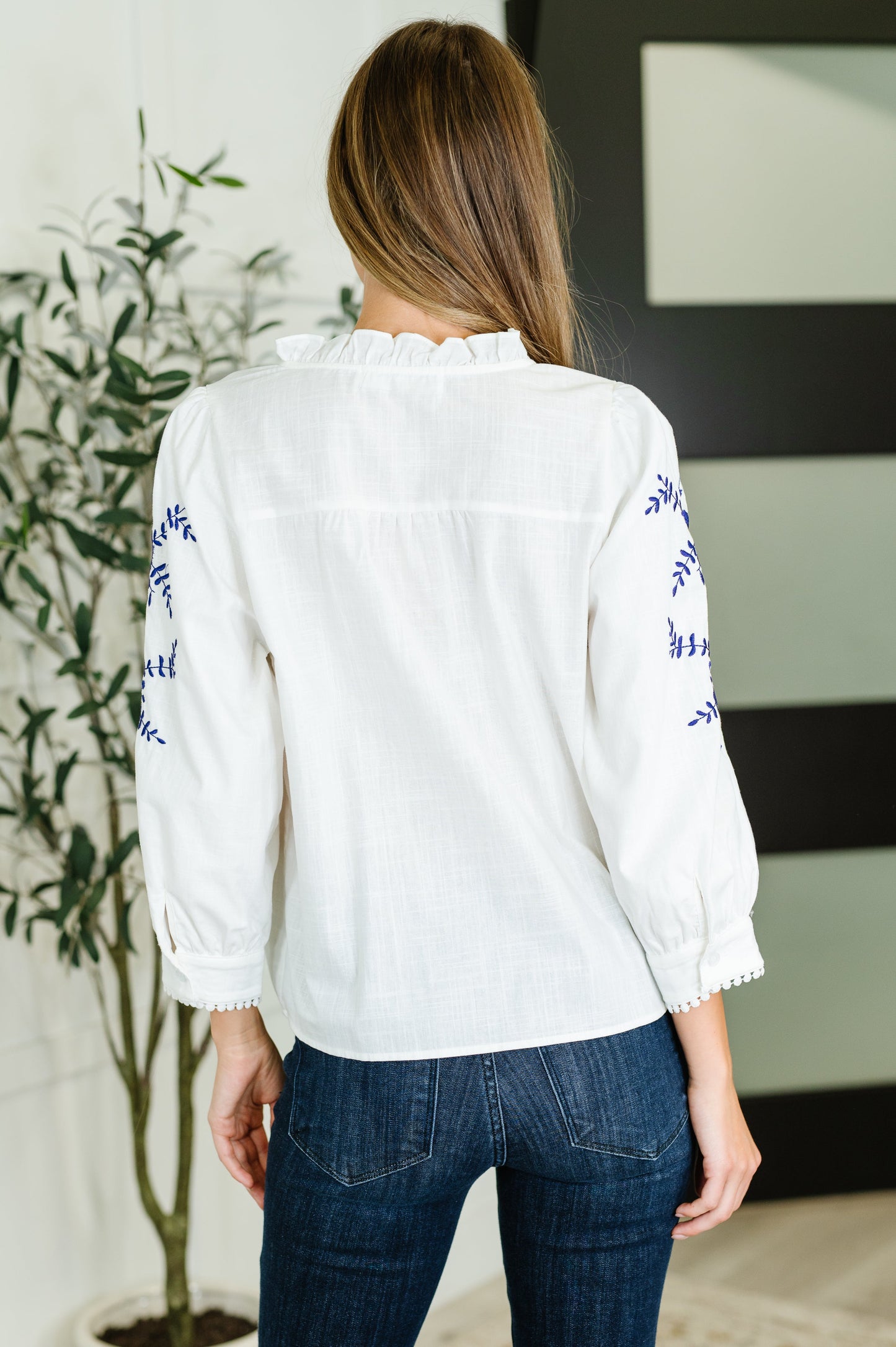 Machine Embroidered Details Ruffle Neck Blouse
