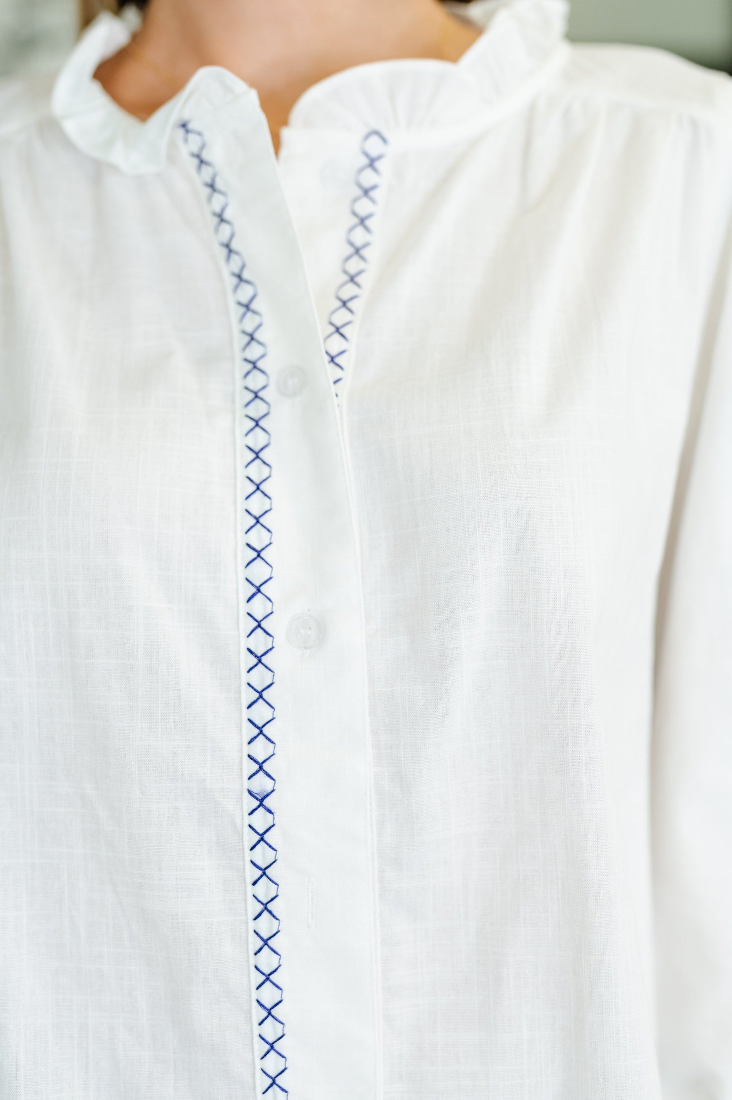 Machine Embroidered Details Ruffle Neck Blouse