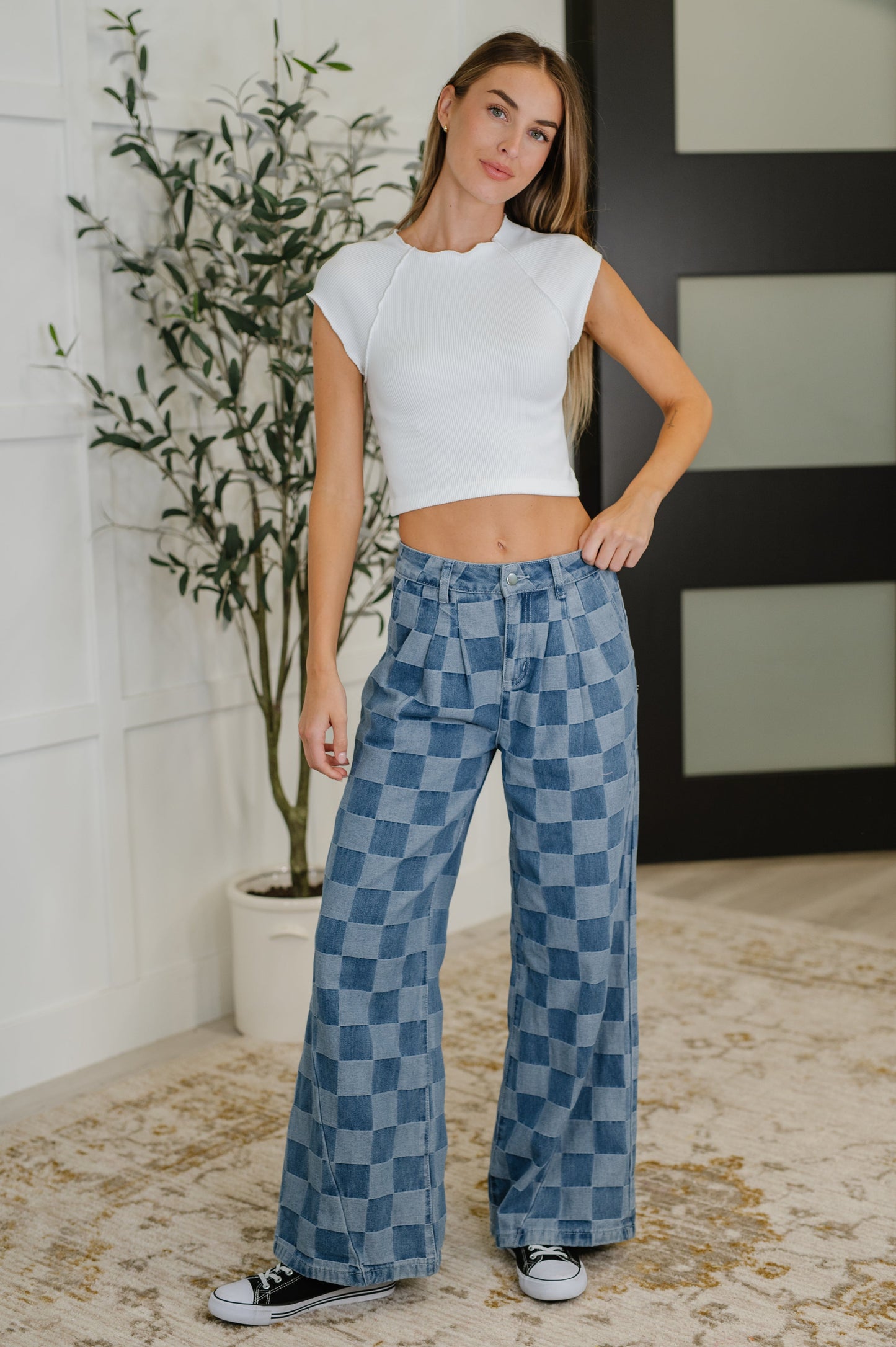 Please Detail Wide Leg Checkered Bottoms