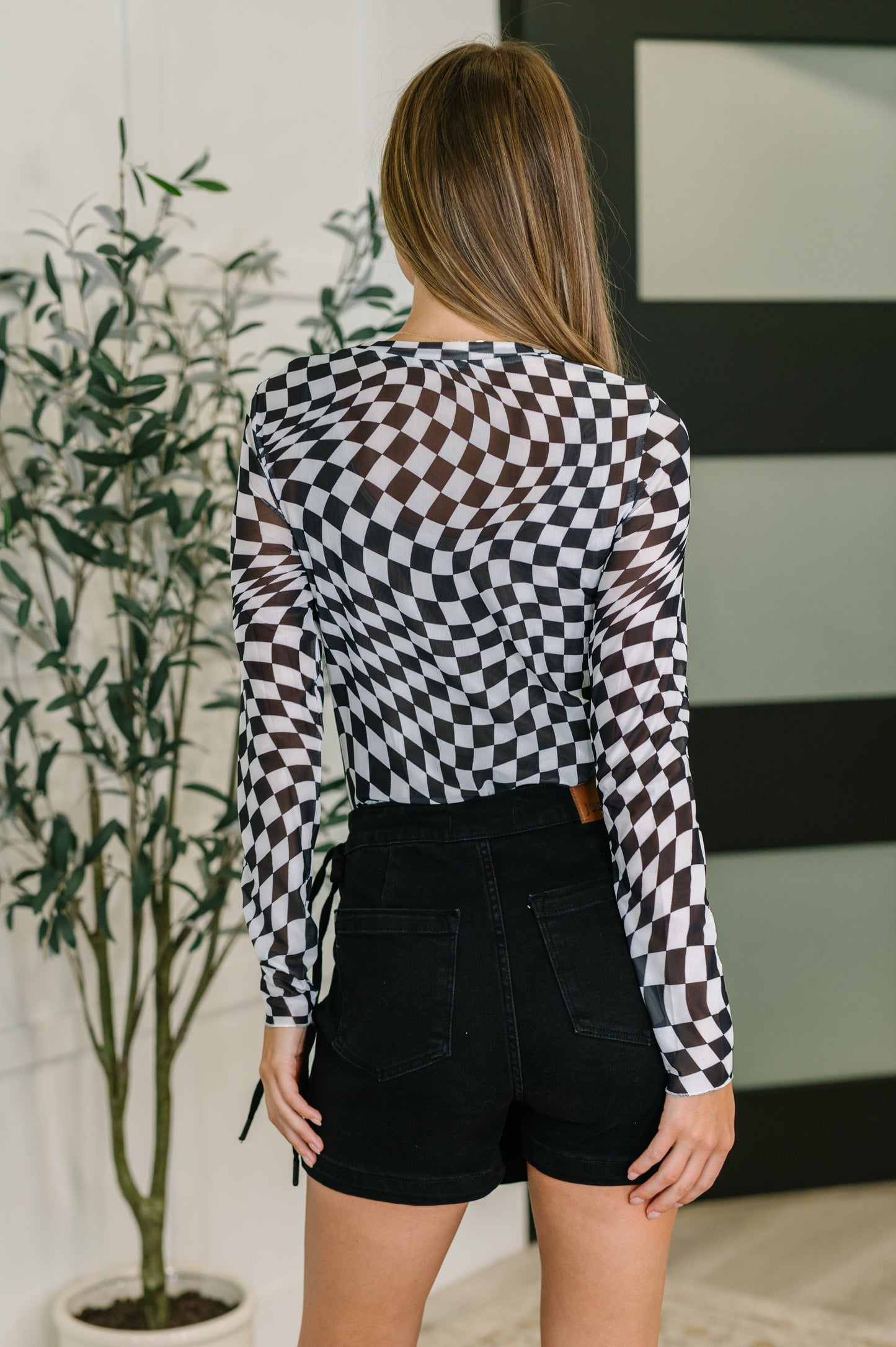 Sheer Long Sleeve Checkered Layering Top in Three Colors