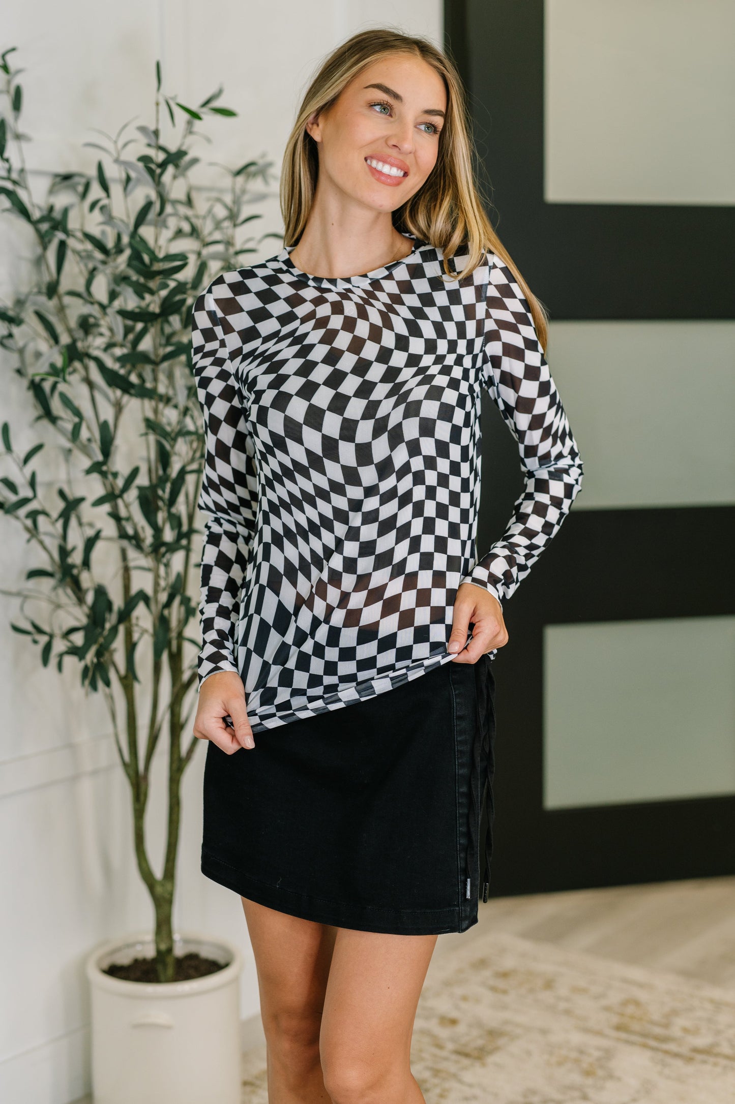 Sheer Long Sleeve Checkered Layering Top in Three Colors