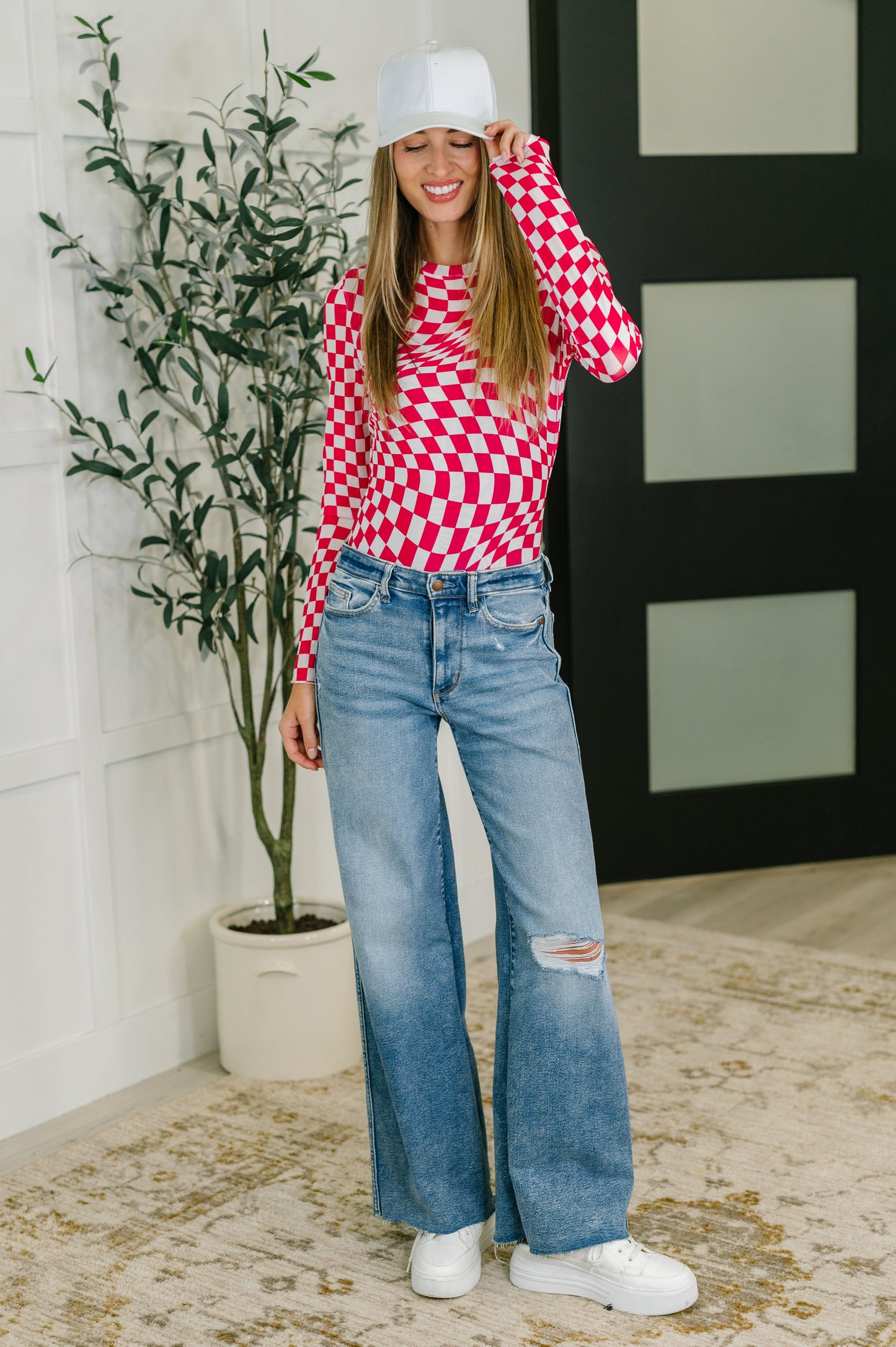 Sheer Long Sleeve Checkered Layering Top in Three Colors