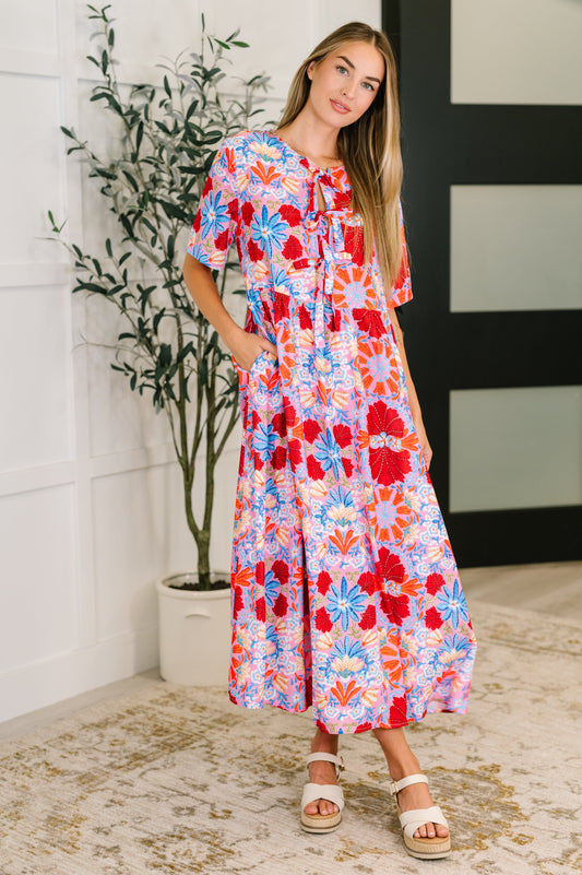 Half Sleeve Poplin Woven Dress in Pink and Blue Floral